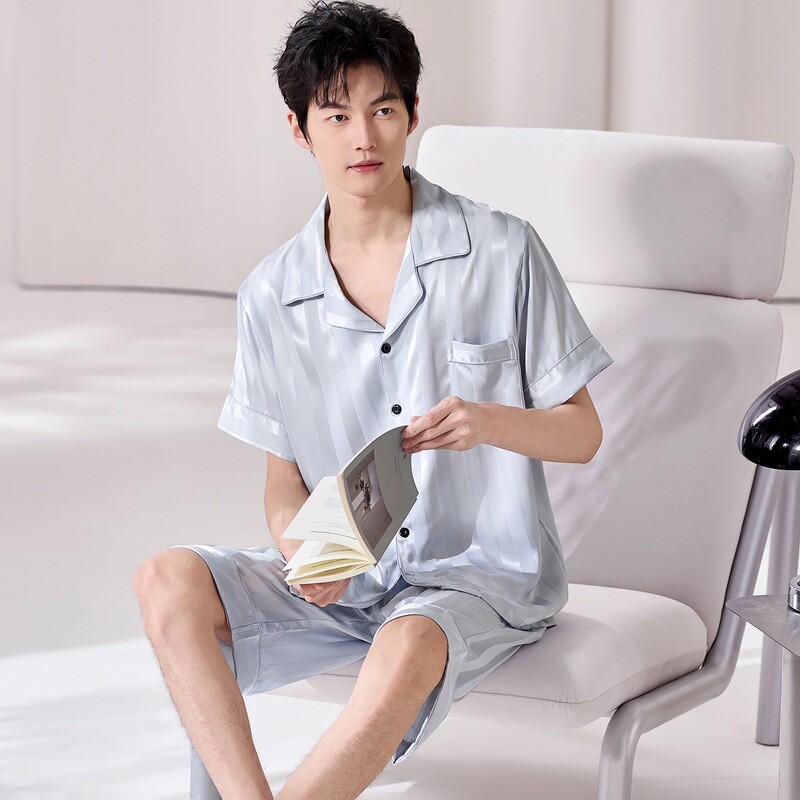 In-Stock Ice Silk Pajamas for Men, Summer Short-Sleeve Shorts, Turn-Down Collar Cardigan, Satin, Can Be Worn Outside, Loungewear Two-Piece Set In-Stock Ice Silk Pajamas for Men, Summer Short-Sleeve Shorts, Turn-Down Collar Cardigan, Satin, Can Be Worn Outside, Loungewear Two-Piece Set