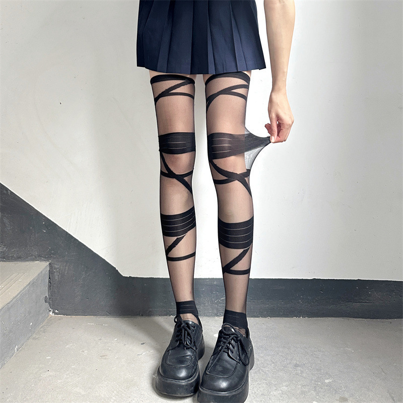 B50 British Style Lace-Up Striped Over-The-Knee Stockings with Subculture Embroidery, Black and White Bandage Long Jk Stockings