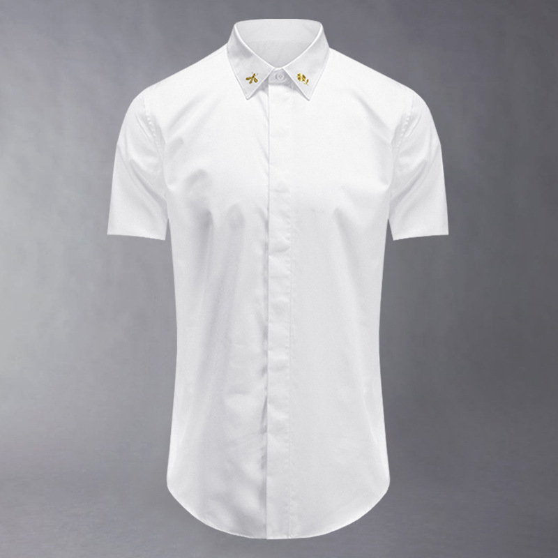 New Men's Short-Sleeved Shirt Collar Gold Embroidered Little Bee Fashion Slim Black and White Large Size Shirt Men's Bottoming Shirt
