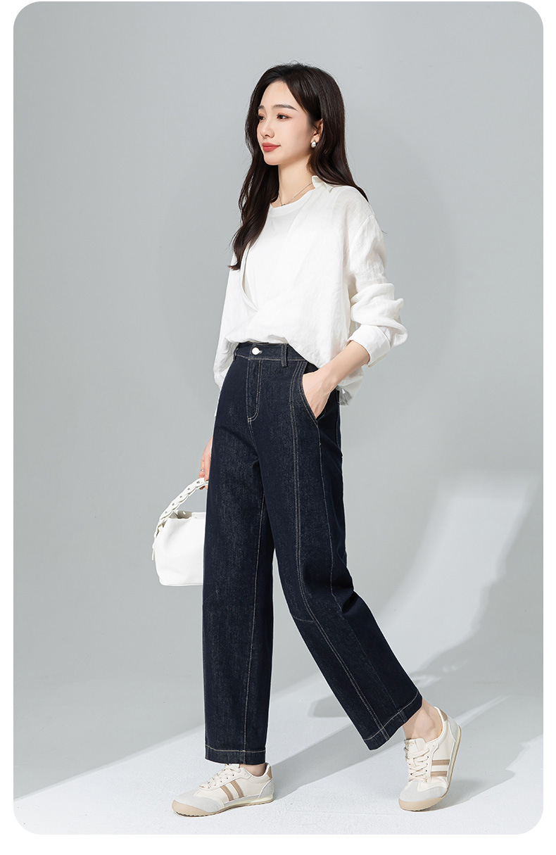 Quần jeans nữ cạp cao ống rộng dáng harem denim — Xanh denim chi tiết 4