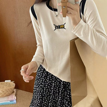 定制春秋打底衫仿羊绒刺绣拼接舒适休闲圆领长袖T恤女