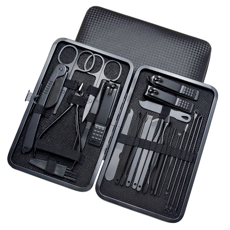 Juego de cortaúñas de acero inoxidable negro, cortaúñas para el hogar, juego de 24 piezas, clip para cejas, aguja para el acné, juego completo de herramientas para uñas