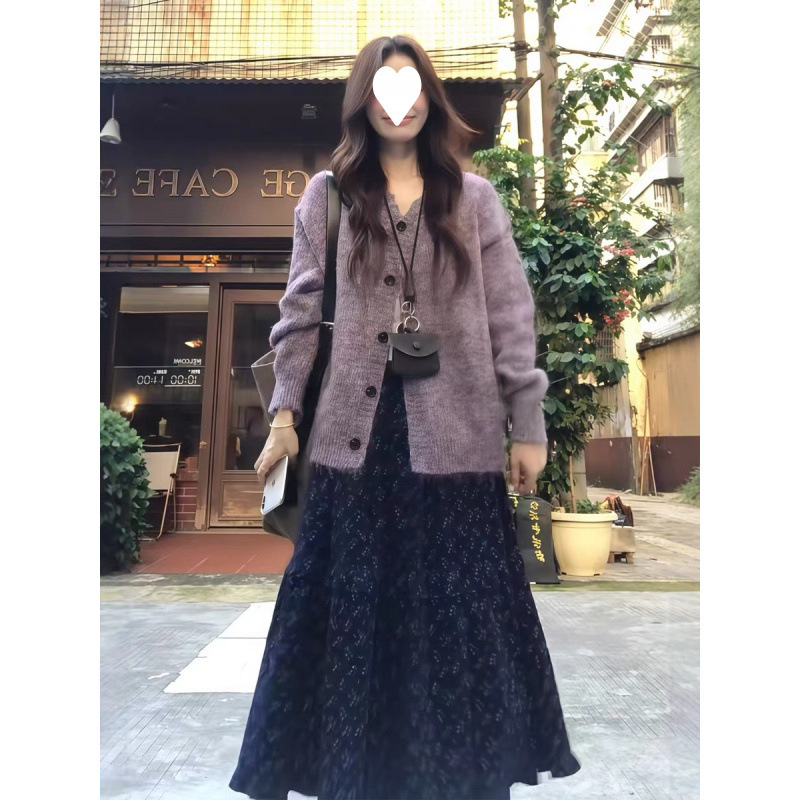 Retro cardigan, sweater, skirt, set, autumn jacket, high-quality style