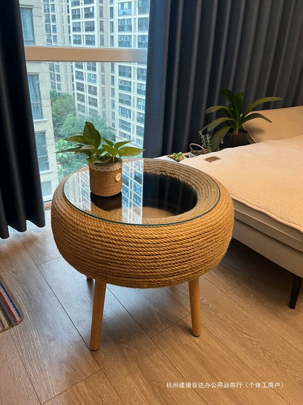 Tire Coffee Table Material Hemp Rope Coffee Table Handmade DIY Tire Transformation Table Round Tempered Glass Coffee Table