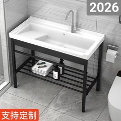 一体型セラミック製洗面台、ステンレス製スタンド付き、大型洗面器、床置き式、ベランダ用、洗面所用、洗面台