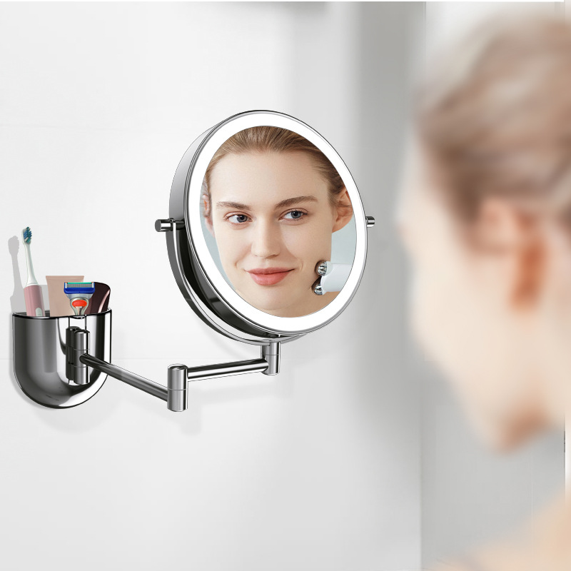 Espejo de maquillaje de baño sin golpes LED montado en la pared plegable retráctil espejo de tocador de doble cara con luz espejo de Baño de hotel