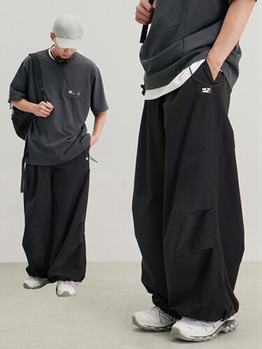 American Style Loose Straight Leg Sport Pants for Men with Elastic Waist, Fat Straight Leg Plain Color Ankle Air Pants Trendy