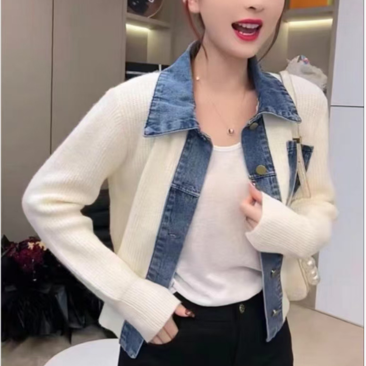 South Korea's Dongdaemun Short High-End Sweater Jacket for Women 2025 Spring & Fall New Retro Denim Splicing Sweater Top