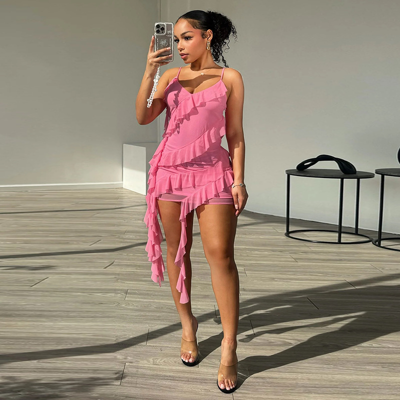 51151 Sexy Women's Clothing European and American Cross-Border Export 2025 Summer New Sexy Slim Suspender Ruffle Dress