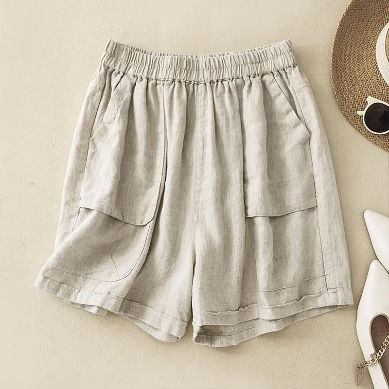 Spring and Summer New Versatile Wide-Leg Cotton and Linen Shorts with Elastic Waist and Pocket Design, Casual Pants, Plus-Size Women's Clothing