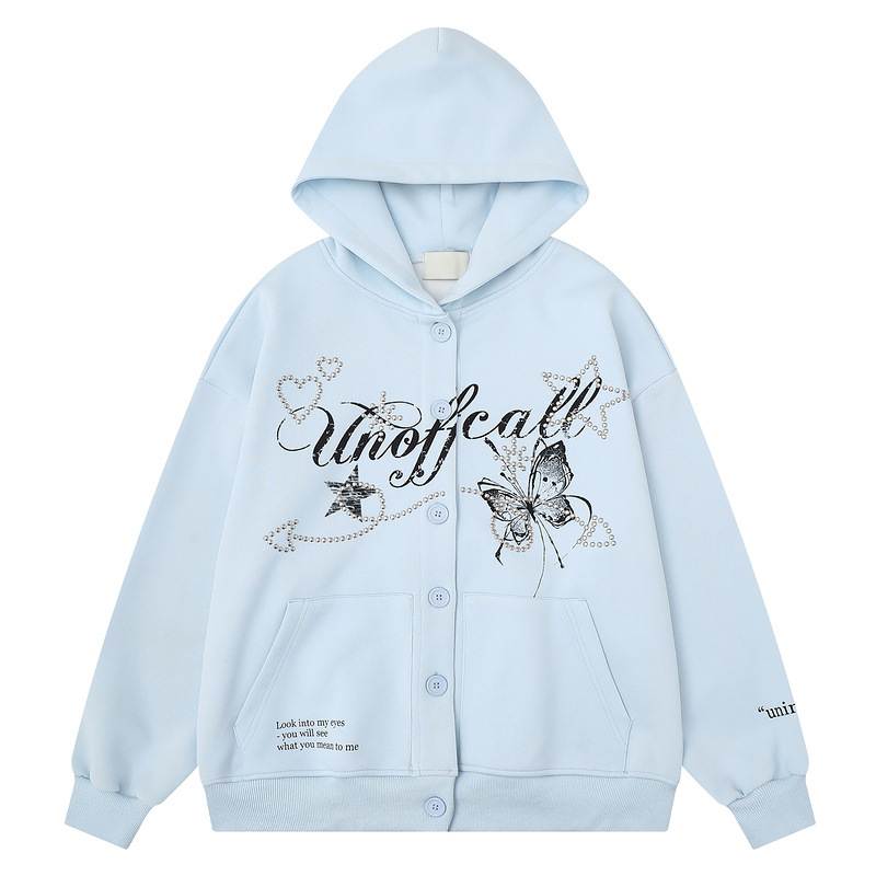 Men's Clothing American Retro Style Rhinestone Star Butterfly Button Hooded Sweatshirt for Women 2026 Loose Lazy Style Cardigan Men's Clothing American Retro Style Rhinestone Star Butterfly Button Hooded Sweatshirt for Women 2026 Loose Lazy Style Cardigan