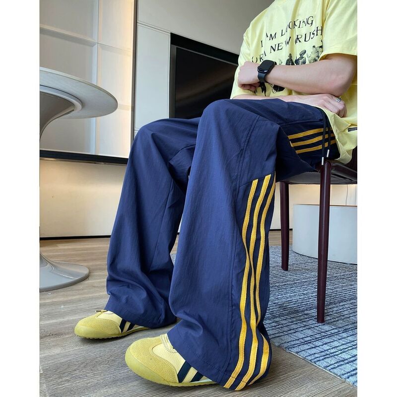 美式三条杠速干冰丝裤男款夏季薄款运动长裤宽松直筒阔腿休闲裤子|undefined