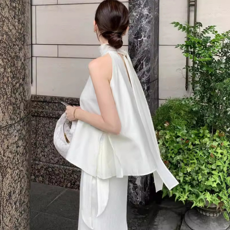 Korean Chic Summer New French Style Stand Collar Backless Ribbon Design Lace-Up Shirt Women's Vest Top