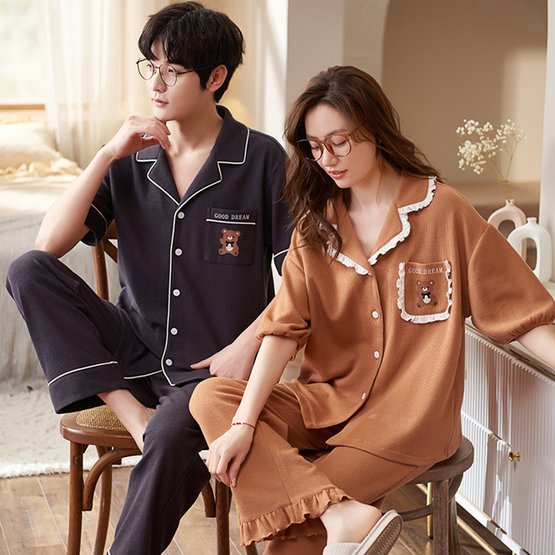 Summer Koppel Kuerzärmlech Hosen Pyjama Cardigan Waffel Einfach Kotteng Männer Fraen Fréijoer a Summer Heemkleeder_voghion.com