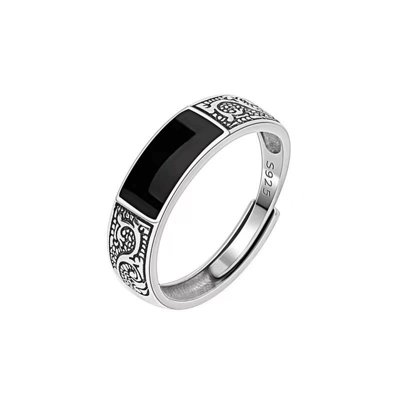 Men's Ring, 925 Silver, Retro Enamel Accent, One-Size Small Adjustable