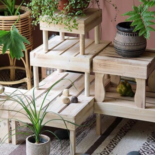 Retro Solid Wood Flower Stand Balcony Succulent Flower Pot Storage Rack Multi-layer Storage Rack Garden Courtyard Decorative Ornaments Groceries