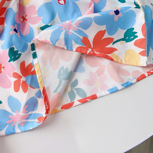 Korean children's clothing backless design floral girls dress summer puff sleeve baby girl short-sleeved skirt vacation dress