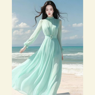 Spring French Style Goddess Style Gentle Style Beautiful Long Skirt High-End Seaside Vacation Blue Chiffon Dress