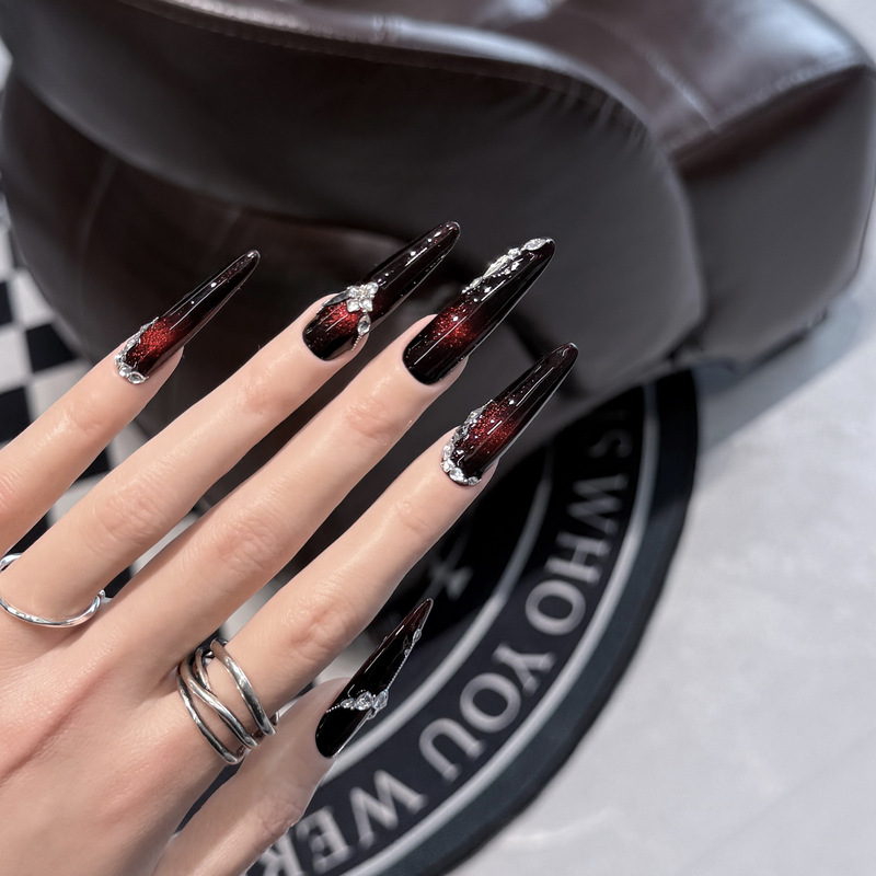 Dai Risen [Scarlet Queen] Wearable Nails Purely Handmade Red Cat's Eye Zircon Diamond Manicure Removable Nails