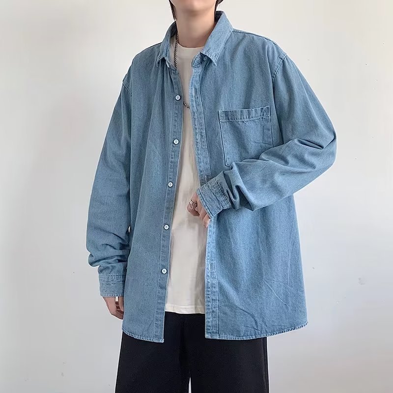 男士夏季潮慵懒潮流青春流行衬衫2023新款方领长袖文艺原宿衬衣男