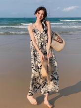 跨境2024新款法式吊带水墨画碎花沙滩连衣裙女夏季外穿质感感气质
