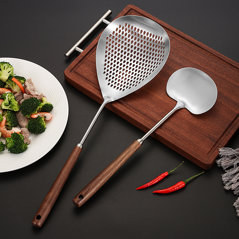 Paleta de acero inoxidable 304 utensilios de mango de madera para el hogar, colador de alta temperatura, juego de utensilios de cocina, cuchara de sopa, suministros de cocina