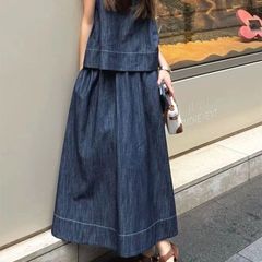牛仔时尚套装女减龄夏季2025高腰松紧短裤新款无袖背心上衣两件套