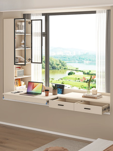 ♤ Bay Window Desk Bookcase Storage Cabinet Integrated Retractable Computer Desk Writing Desk Balcony Drawer Table Window Sill Cabinet