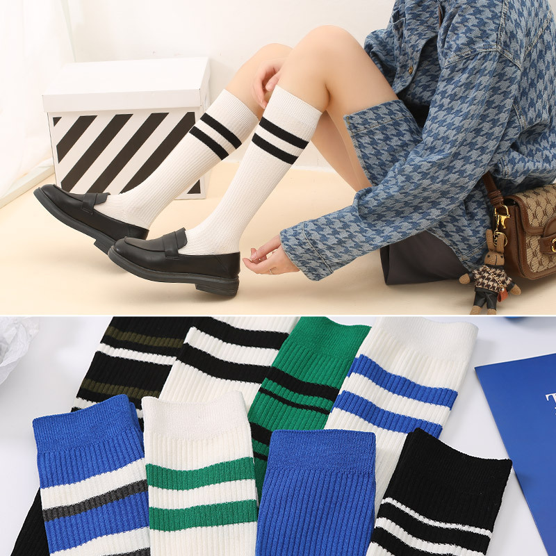 Calcetines de becerro de las mujeres ins medias de rayas de dos barras de moda primavera y otoño estilo universitario japonés JK calcetines altos de rodilla