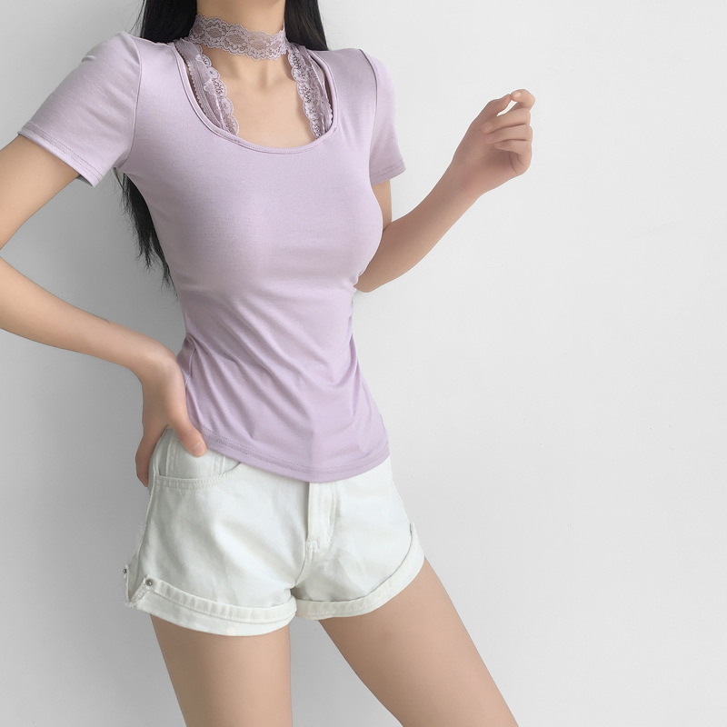 026 Pure Desire Hot Girl Fake Two-Piece Halter Lace Design Short Sleeve T-Shirt for Women Summer Irregular Niche Versatile Top