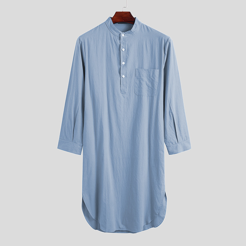 AliExpress transfronterizo europeo y americano moda camisón de manga larga botón color sólido impreso camisa de los hombres musulmanes traje