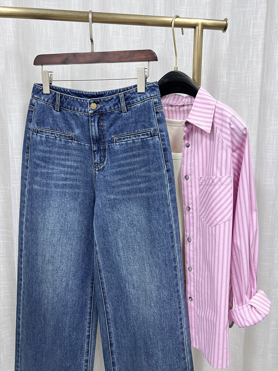 Quần ống loe nữ cạp cao dáng suông rộng chất liệu linen phối sợi tencel — xanh lam