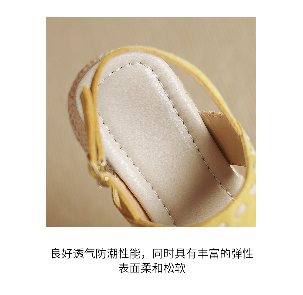 Sandal nữ đế xuồng đan rơm cao gót, quai ngang một dây, phong cách hè thoải mái — Màu caramel, màu vàng chi tiết 8