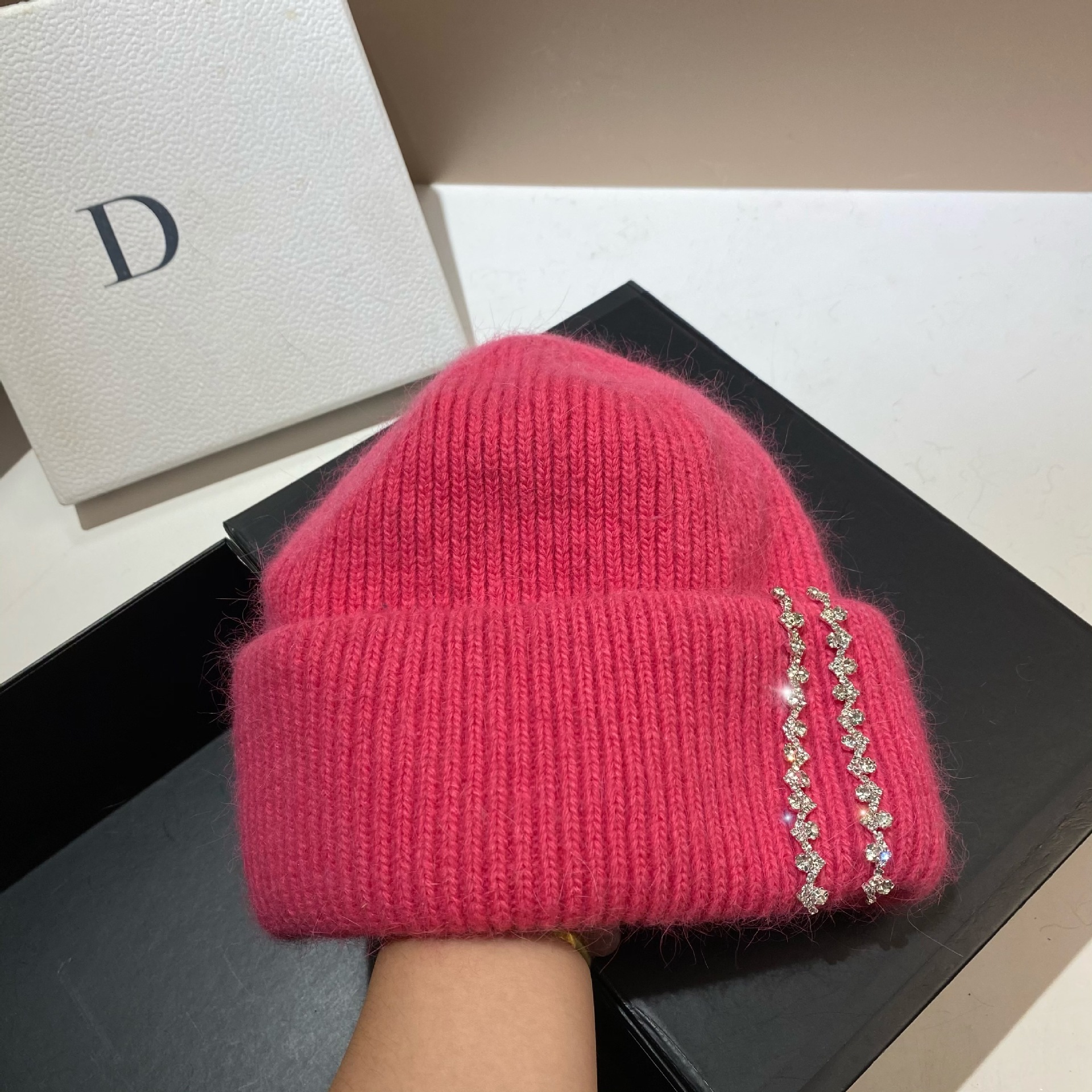 Winter-Thermomütze für den Außenbereich, langes Kaninchenhaar, doppelt gefaltete Strickmütze, Mode-Promi-Feng-Shui-Diamant-Wollmütze_voghion.com