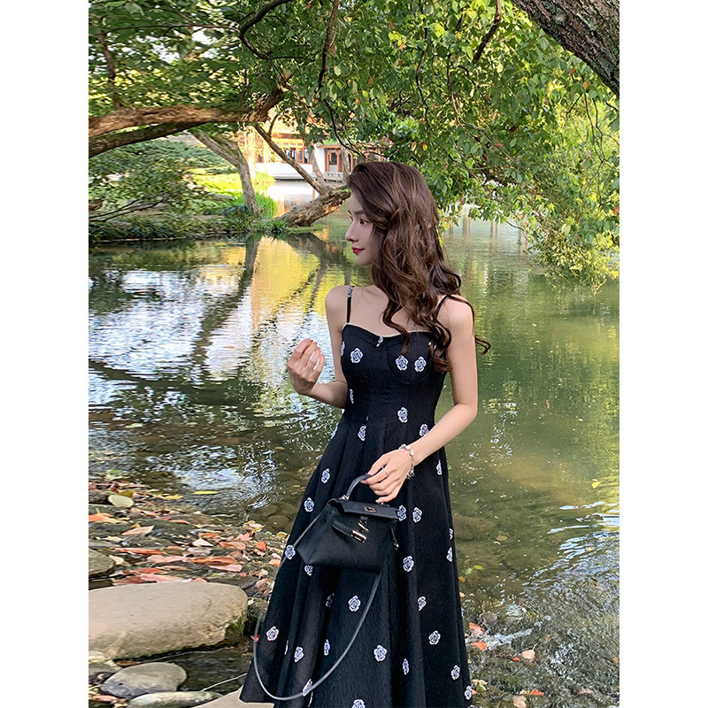 Spring New Style Suspender Square Neck Printed Dress for Women, Little Black, Sweet and Slim, Floral Stitching Long Skirt, Girly Style