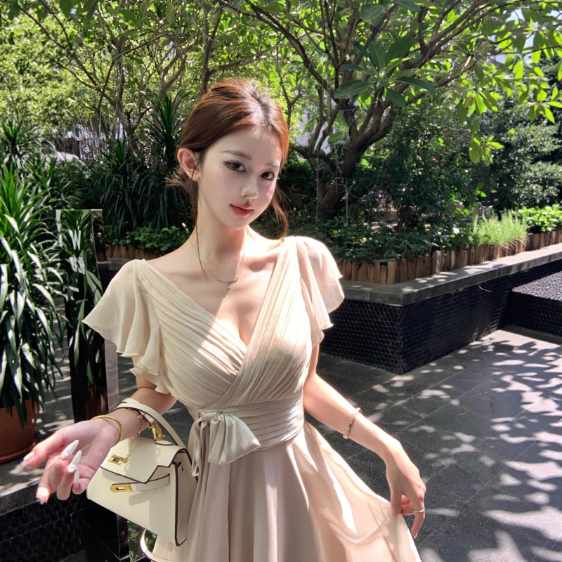 气质交叉v领短袖连衣裙女夏季高级感绑带收腰裙子纯欲修身a字短裙|undefined