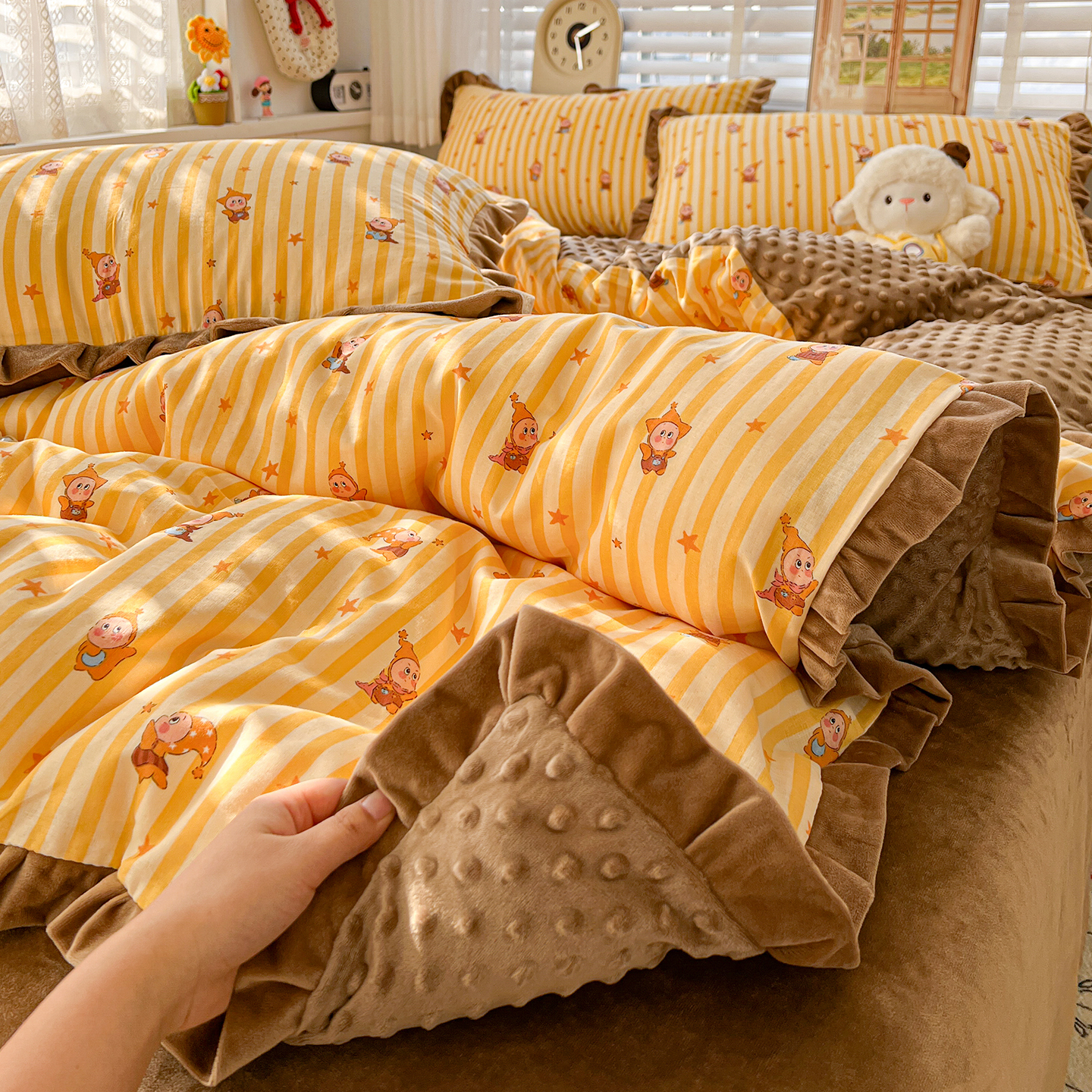 星星人ab面全棉双层纱豆豆绒四件套冬季纯棉牛奶绒被套床三件套