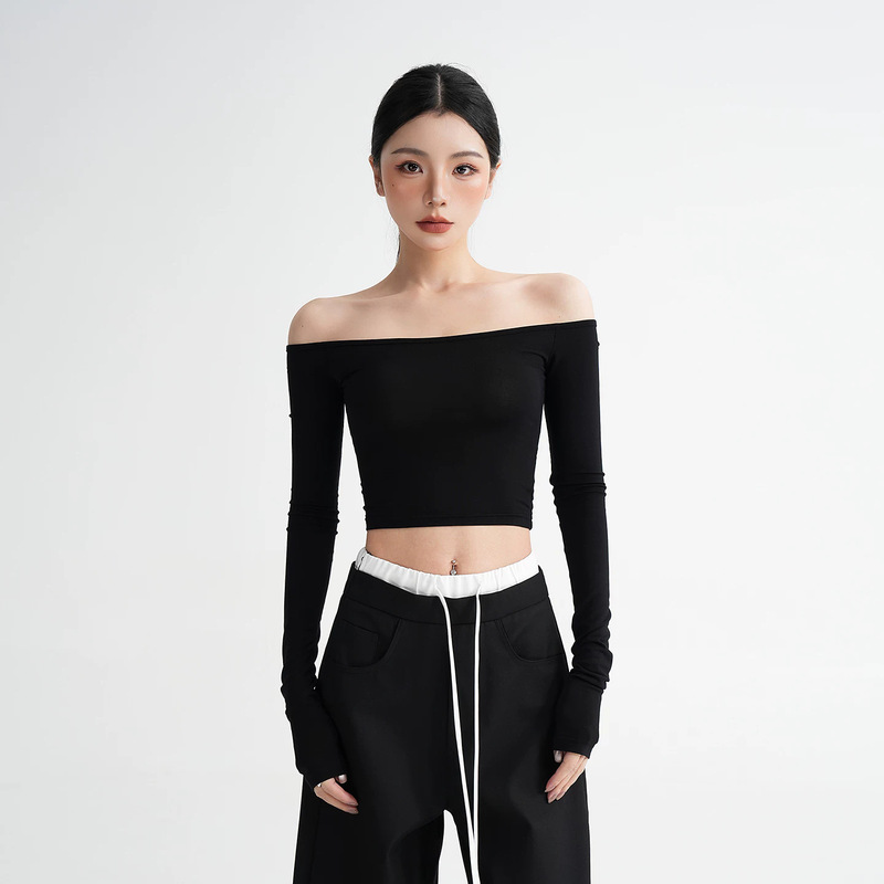 Cross-Border Yoga Wear for Women, Modal Off-Shoulder One-Line Neckline Short Slim-Fit Top, Long-Sleeve T-Shirt, New Spring Women's Fashion Cross-Border Yoga Wear for Women, Modal Off-Shoulder One-Line Neckline Short Slim-Fit Top, Long-Sleeve T-Shirt, New Spring Women's Fashion