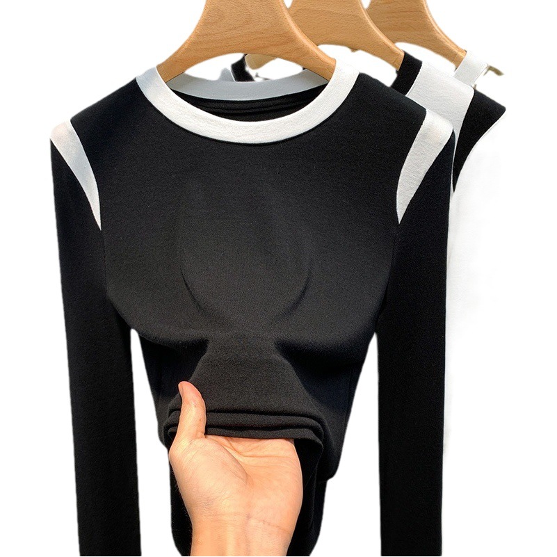 Camisa de fondo de hilo de mujer 2023 nueva ropa de mujer europea contraste color cuello redondo manga larga Camiseta cintura-apretado interior estilo occidental superior