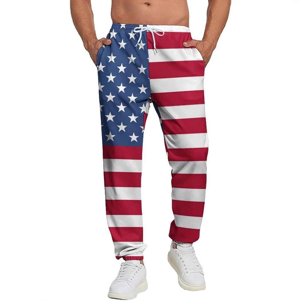 2024独立站热卖春秋男装时尚休闲拼接印花宽松紧闭绳直筒长裤