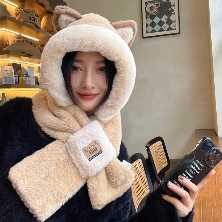 Sombrero de estilo coreano bufanda integrada de invierno de las mujeres versátil lindo sombrero de felpa cálido invierno engrosado anticongelante a prueba de viento con capucha image 6