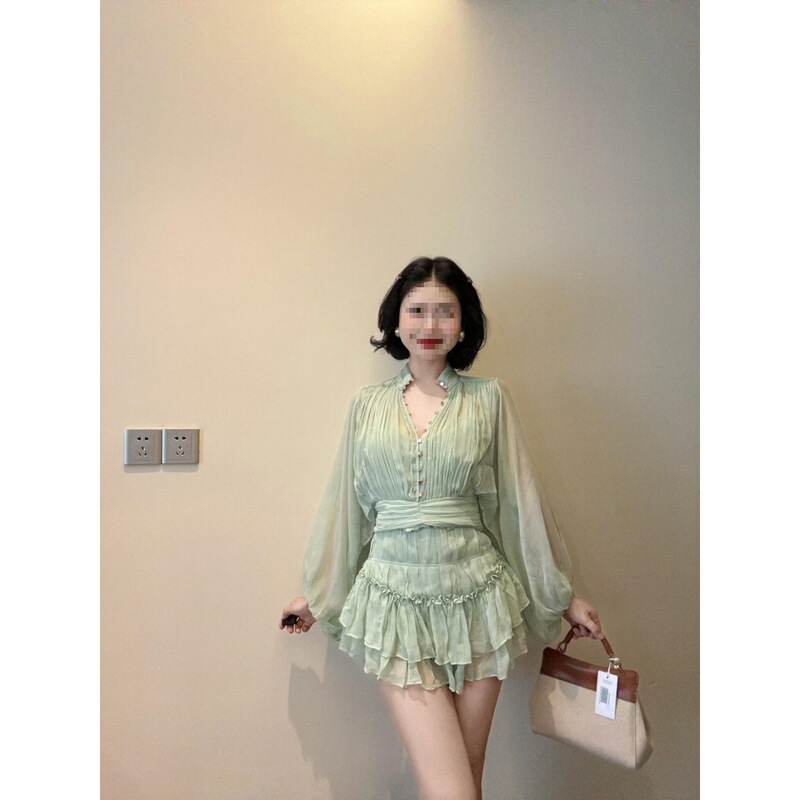 法式绿色荷叶边雪纺连衣裙女夏季设计感小众腰显瘦绝美漂亮裙子|undefined