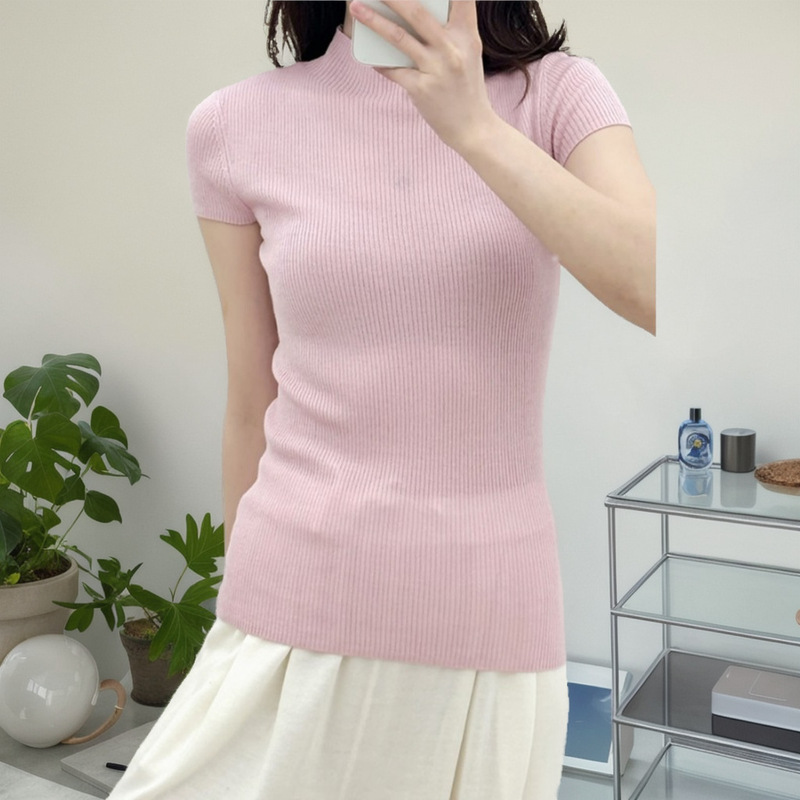 New Australia 16-stitch worsted mulberry silk fine wool slim fit shell sleeve semi-high collar knitted short sleeve pullover