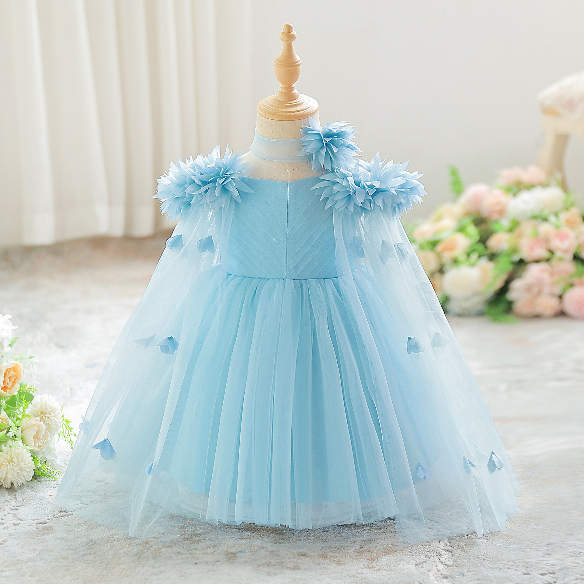 Vestido infantil decal de malla vestido de princesa chalelas de hombro para niños vestidos de alta gama logotipo de certificación transfronteriza
