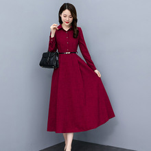 跨境女装新款裙子韩版时尚减龄修身显瘦中长款长袖气质棉麻连衣裙