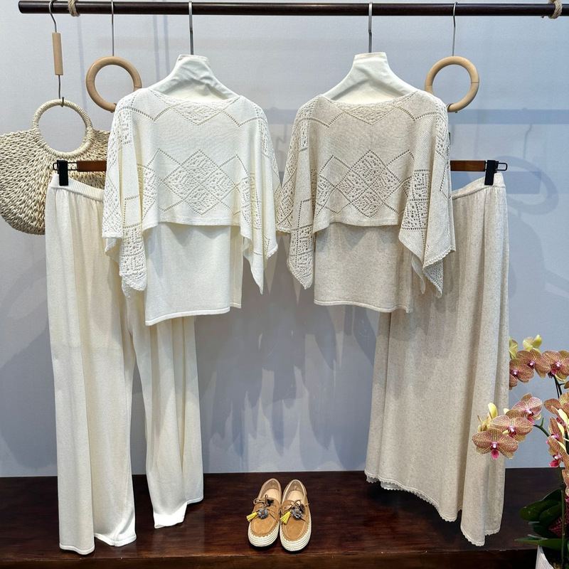 DIY Cape Two-Piece Set: Diamond-Patterned Shawl + Camisole Top, Women's Linen Knit Sun Protection Shirt