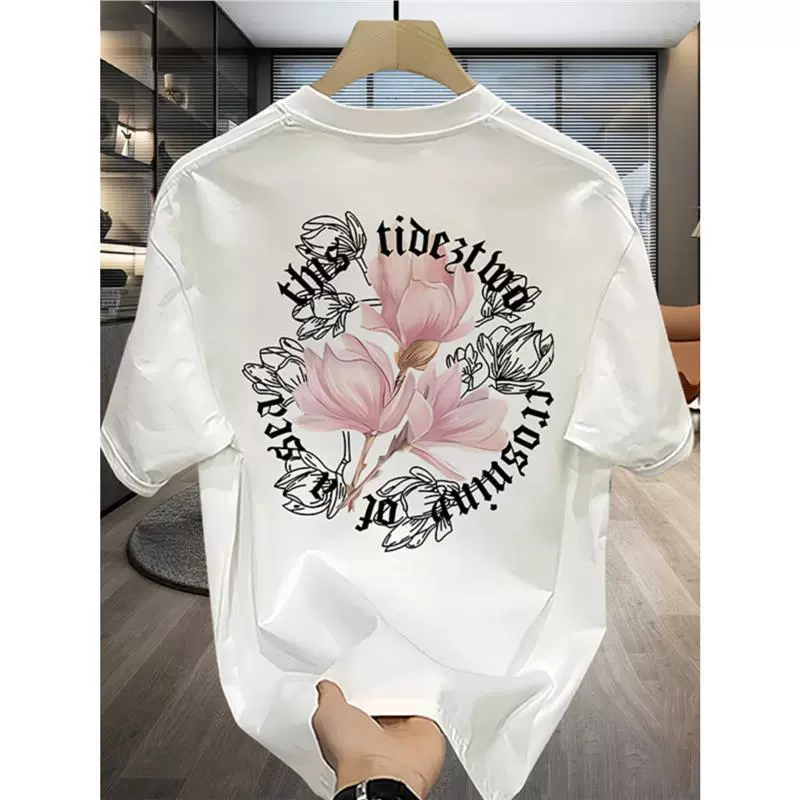 Мужские повседневные топы из чистого хлопка, футболка с принтом, новый модный круглый вырез с половиной рукавом 2025, свободная доступная роскошная летняя универсальная футболка