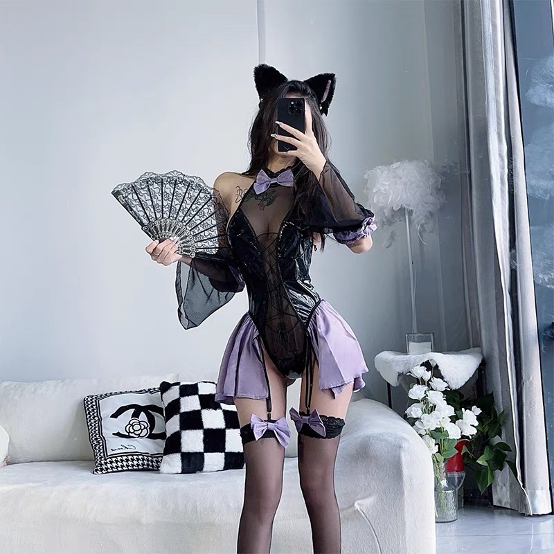 Stitching perspective patent leather Hanfu one-piece Open-Off suit hot girl passion lace temptation sexy lingerie 530