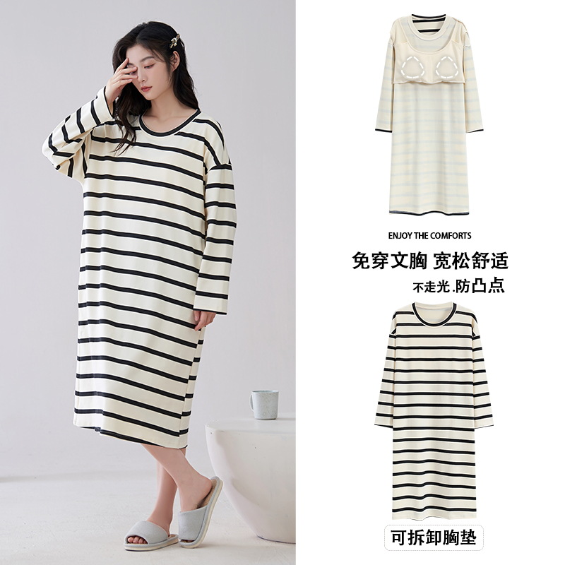 [Customized] pijama con cojín de pecho de primavera y otoño de algodón vestido de mangas largas de fresas dulce vestido de algodón vestido para el hogar