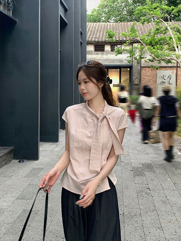 韩系条纹小飞袖飘带短袖衬衫女夏季设计感小衫不规则褶皱收腰上衣|undefined